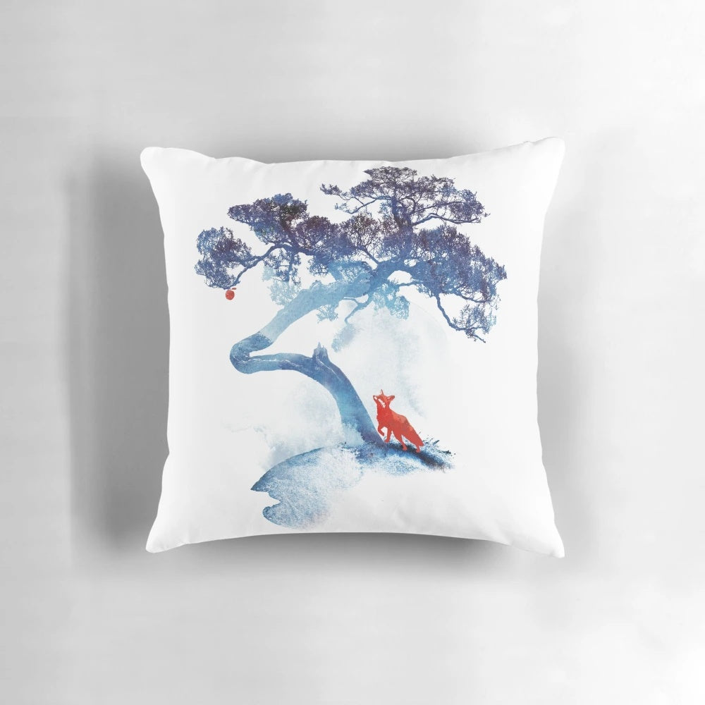 Pillow featuring a watercolor painting of the last apple tree in a forest