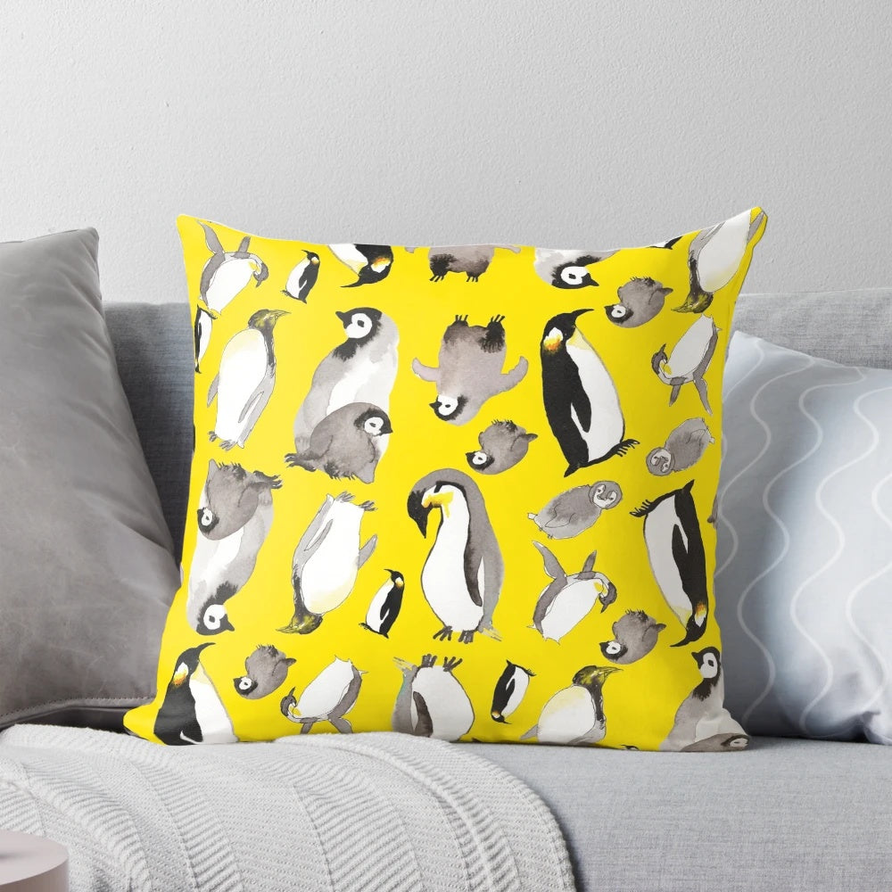 Vibrant watercolor illustration of a yellow penguin on a throw pillow, perfect for adding a touch of whimsy to children's rooms or cozy living spaces.