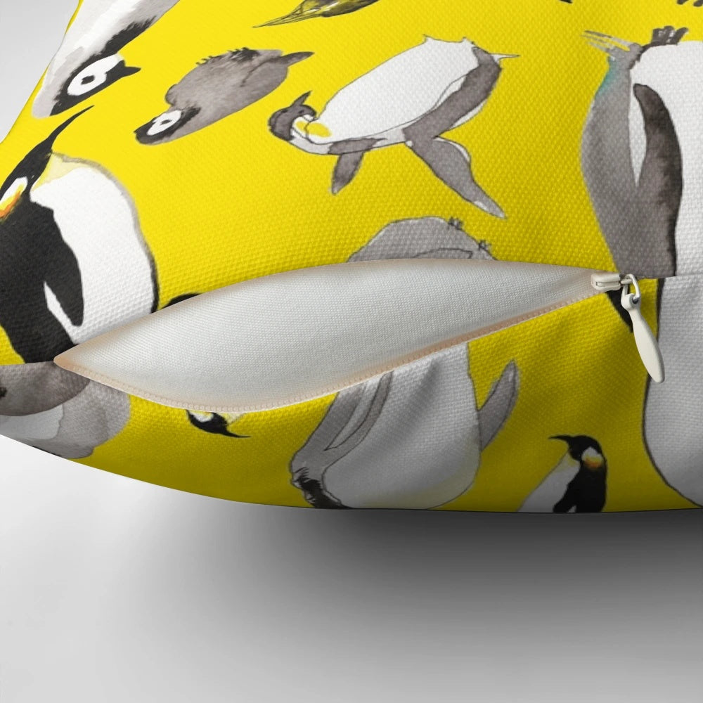 Vibrant watercolor illustration of a yellow penguin on a throw pillow, perfect for adding a touch of whimsy to children's rooms or cozy living spaces.