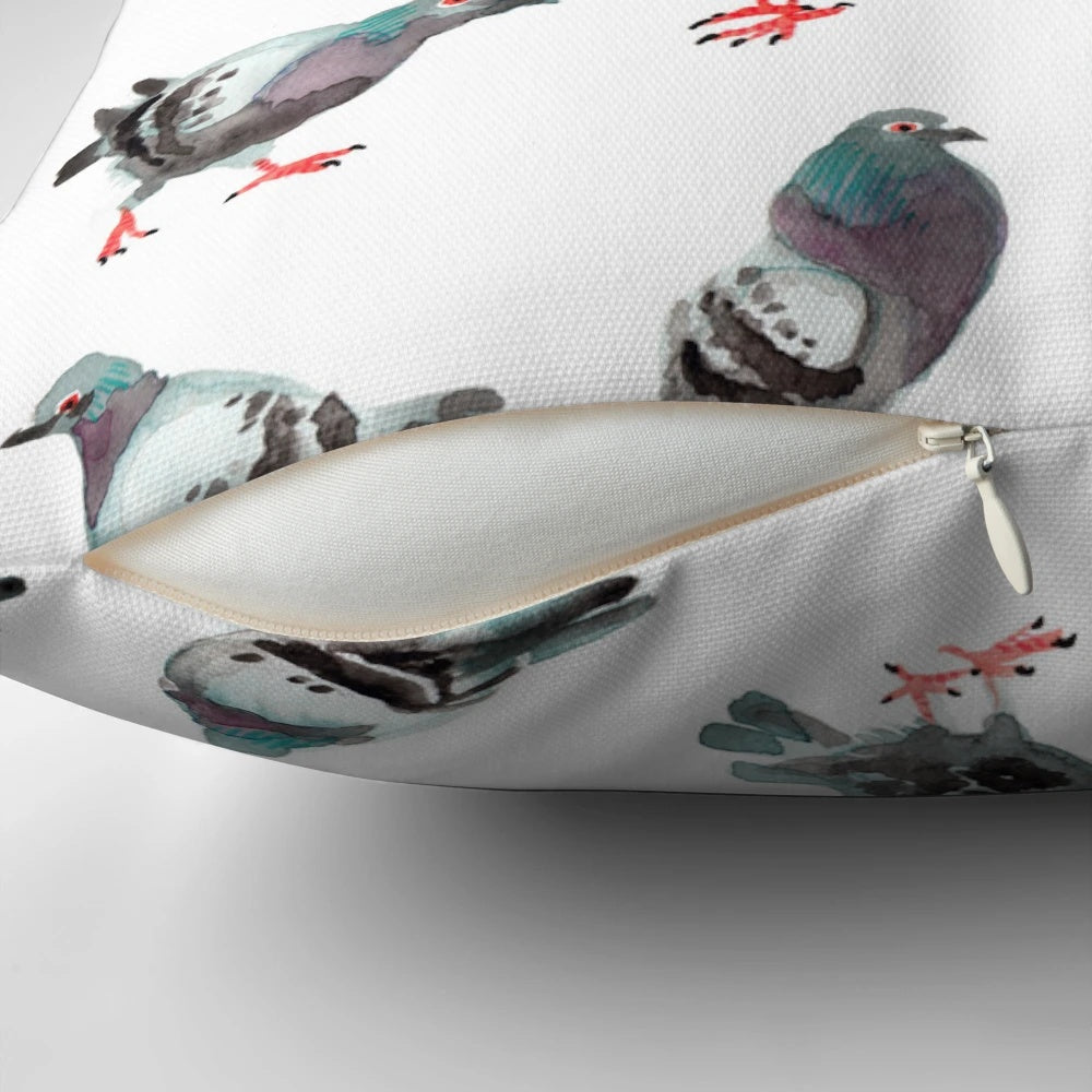 A pillow featuring a watercolor pattern of cute pigeons
