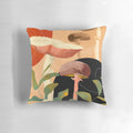 Watercolor illustration of autumn leaves, forest floor mushrooms, and monstera leaves on a soft, comfortable pillow