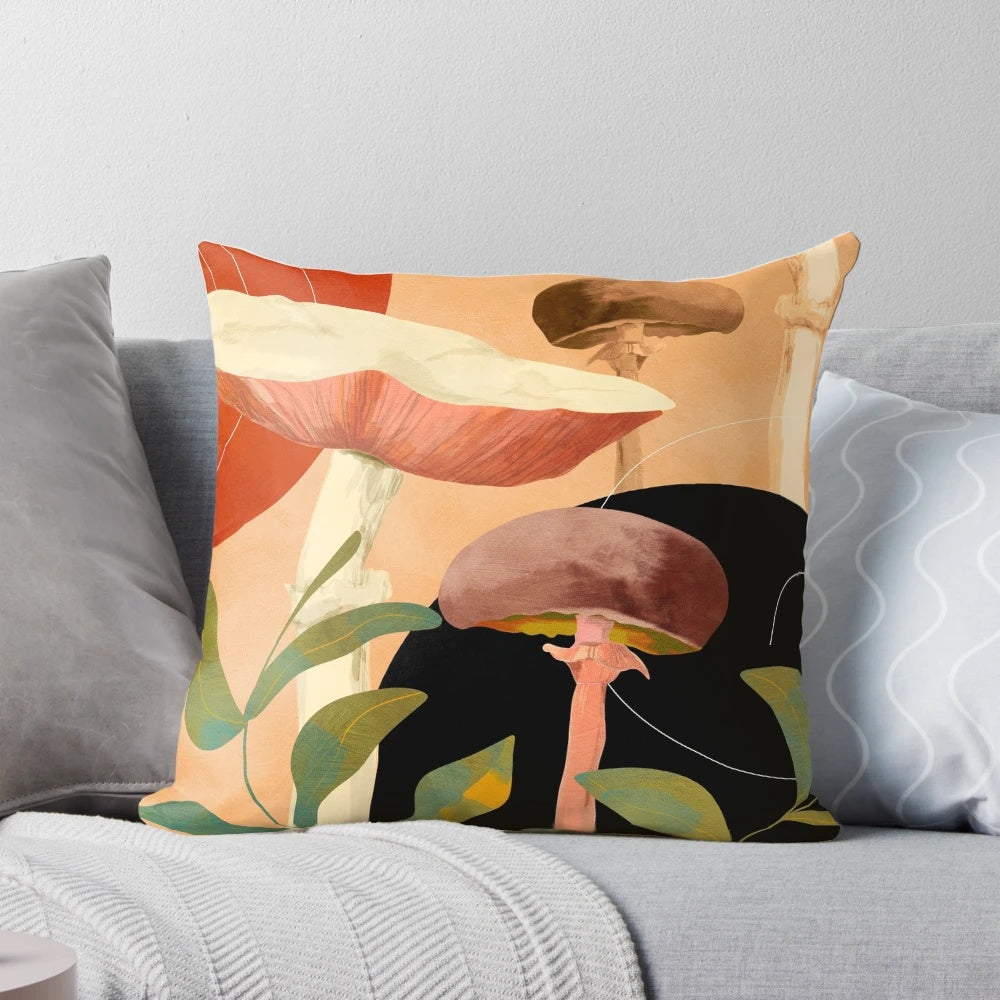 Watercolor illustration of autumn leaves, forest floor mushrooms, and monstera leaves on a soft, comfortable pillow