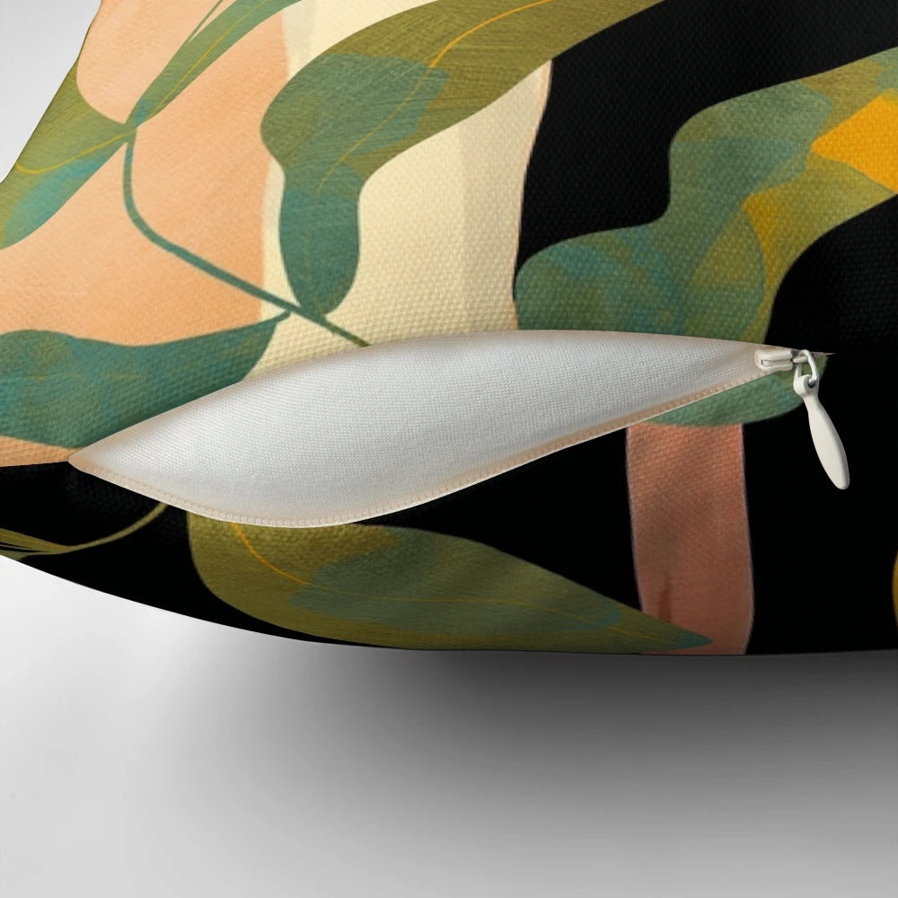 Watercolor illustration of autumn leaves, forest floor mushrooms, and monstera leaves on a soft, comfortable pillow