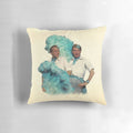 Watercolor-style pillow with a vintage "Sisters" movie theme, featuring classic Hollywood stars Bing Crosby and Danny Kaye.