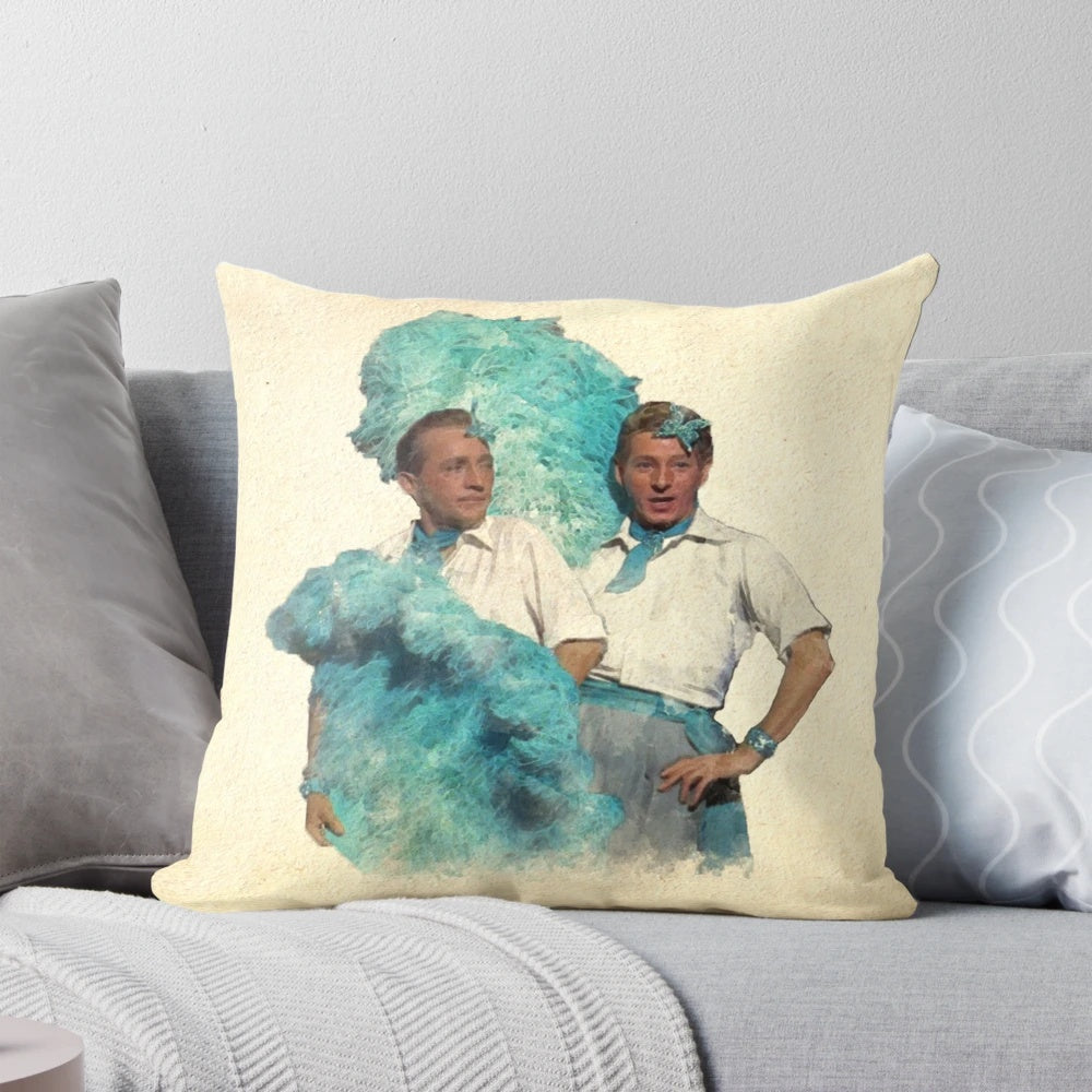 Watercolor-style pillow with a vintage "Sisters" movie theme, featuring classic Hollywood stars Bing Crosby and Danny Kaye.