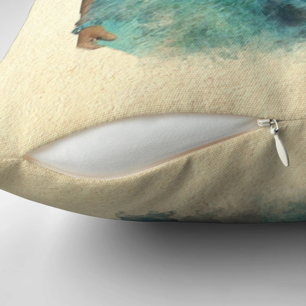Watercolor-style pillow with a vintage "Sisters" movie theme, featuring classic Hollywood stars Bing Crosby and Danny Kaye.