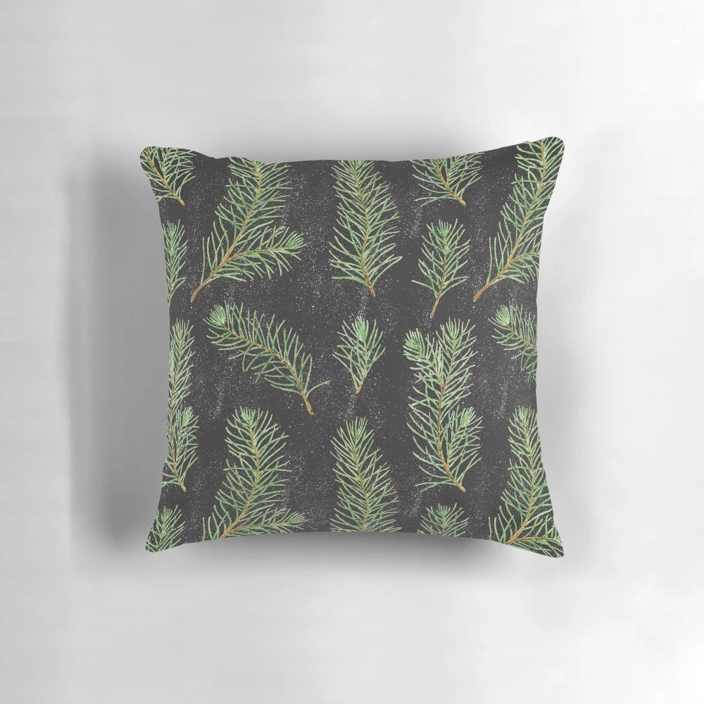 Watercolor pine branches pattern on black background throw pillow