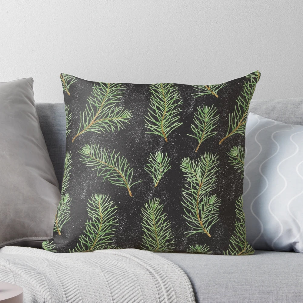 Watercolor pine branches pattern on black background throw pillow