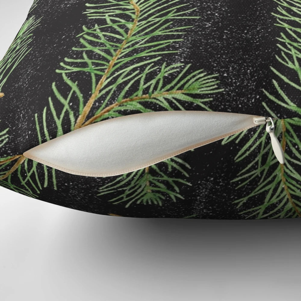 Watercolor pine branches pattern on black background throw pillow