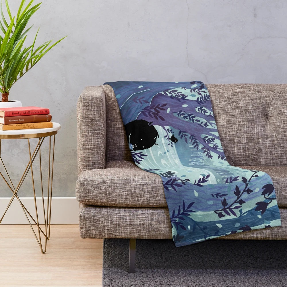 Watercolor-inspired plush blanket with forest landscape, woodland creatures, and tea