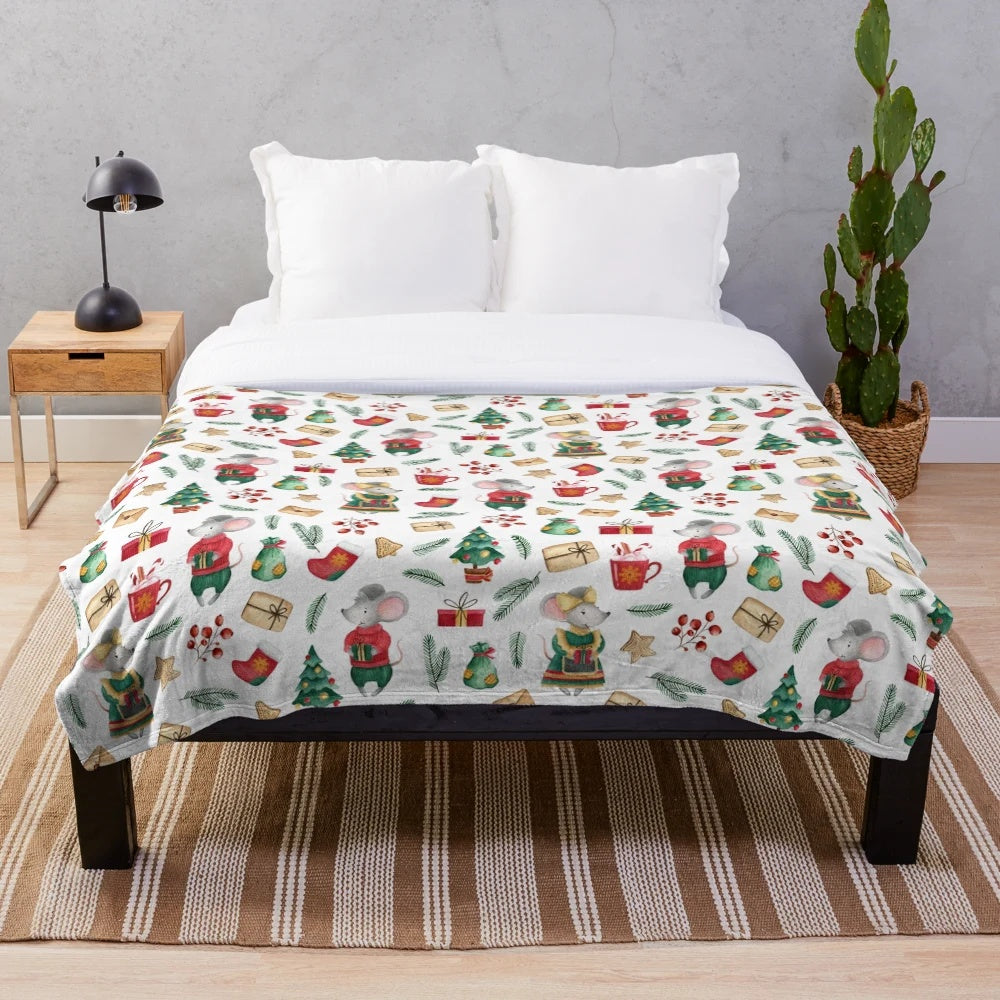 Watercolor plush blanket featuring a cute mice illustration
