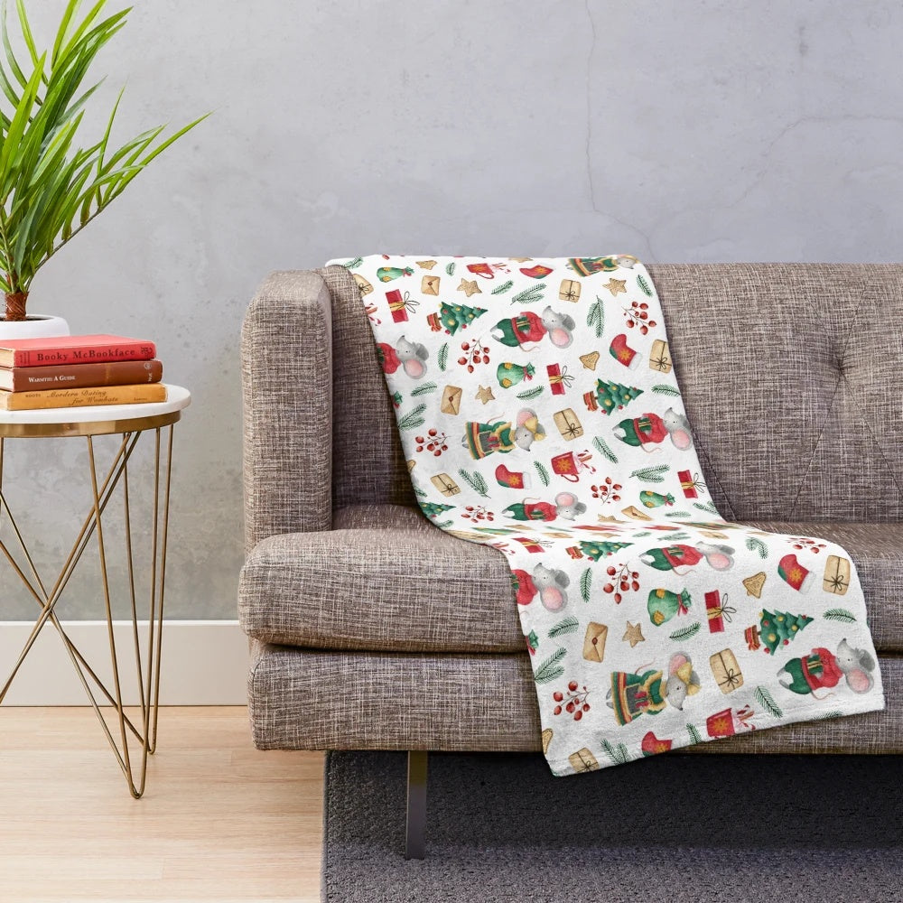 Watercolor plush blanket featuring a cute mice illustration