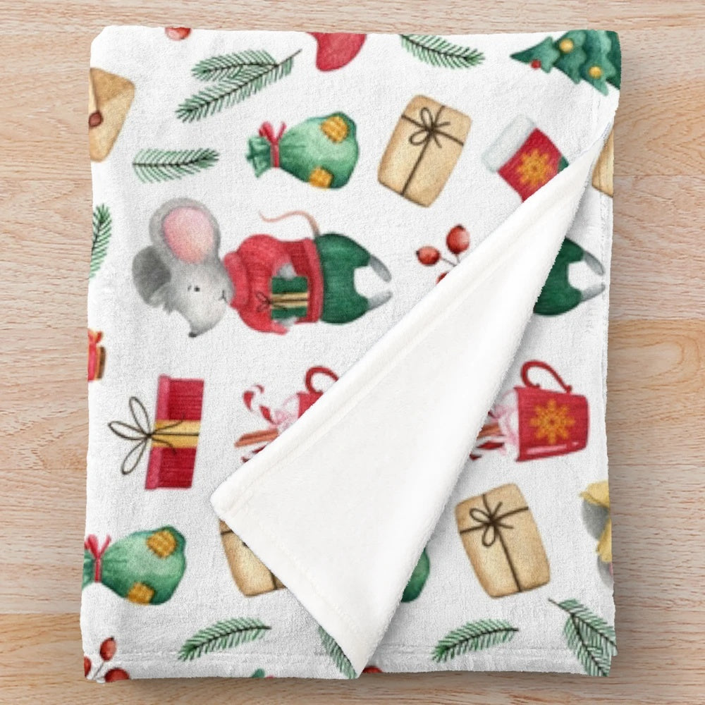 Watercolor plush blanket featuring a cute mice illustration