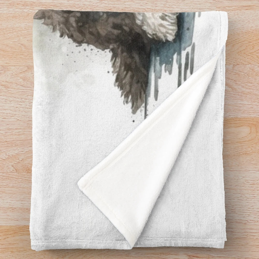 Watercolor painting of a Portuguese water dog on a plush blanket