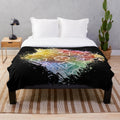 Watercolor rainbow plush blanket with d20 dice pattern design for tabletop roleplaying games