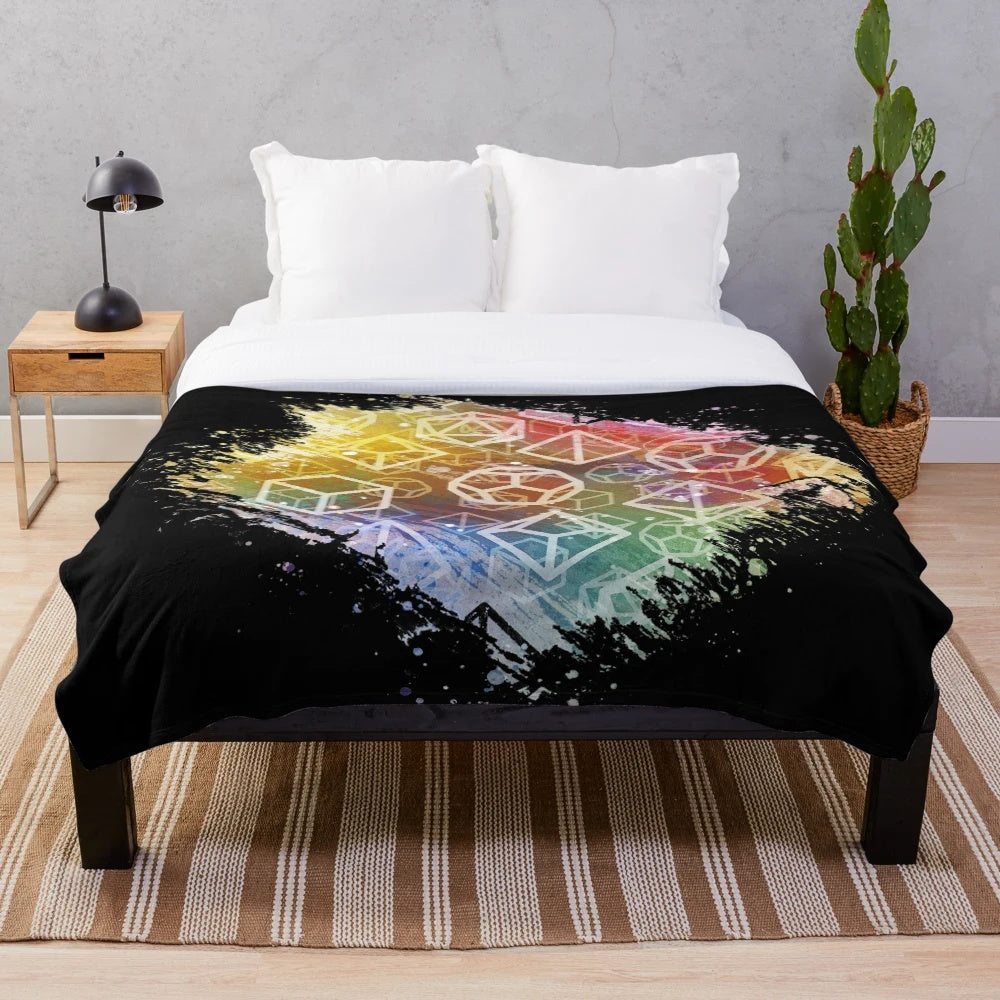 Watercolor rainbow plush blanket with d20 dice pattern design for tabletop roleplaying games