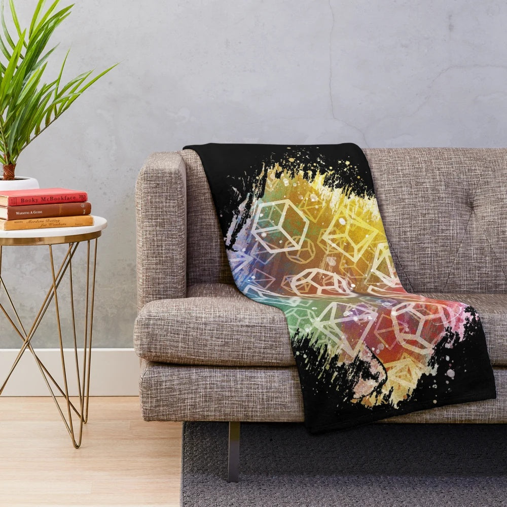 Watercolor rainbow plush blanket with d20 dice pattern design for tabletop roleplaying games