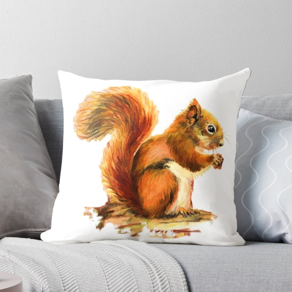 Vibrant watercolor illustration of a red squirrel on a soft, plush pillow for nature-inspired home decor.
