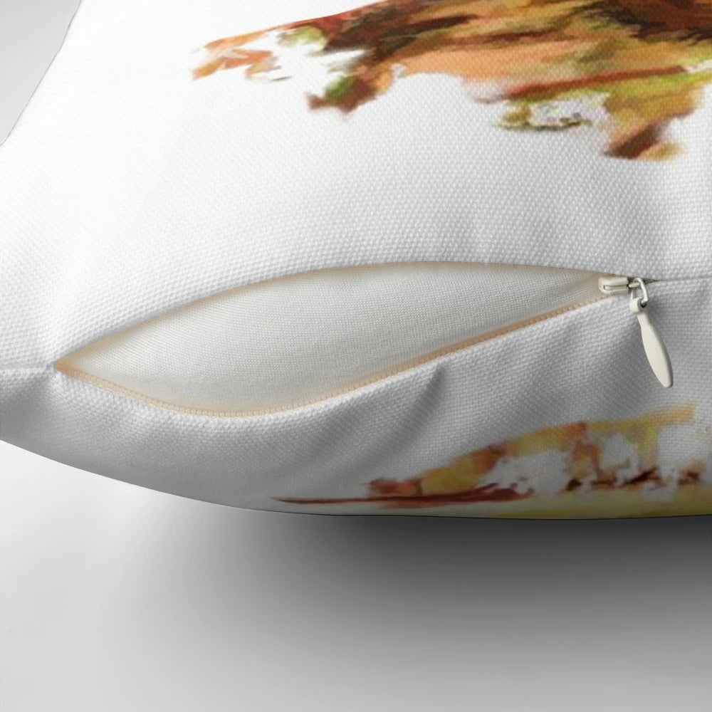 Vibrant watercolor illustration of a red squirrel on a soft, plush pillow for nature-inspired home decor.