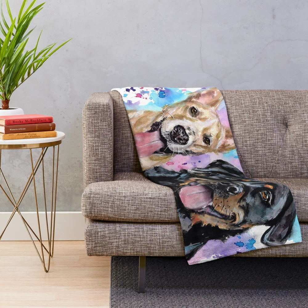 Watercolor illustration of a Rottweiler and Staffy on a plush blanket