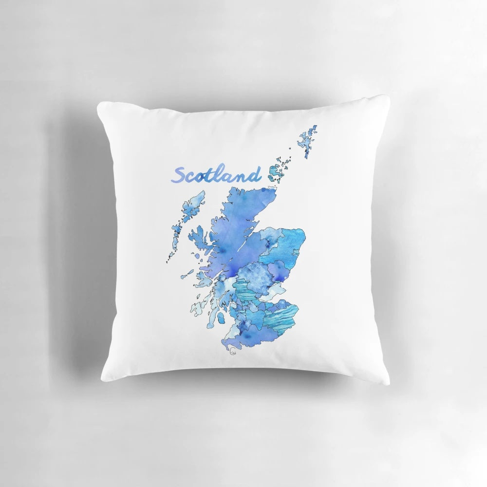 Watercolor map of Scotland on a decorative throw pillow