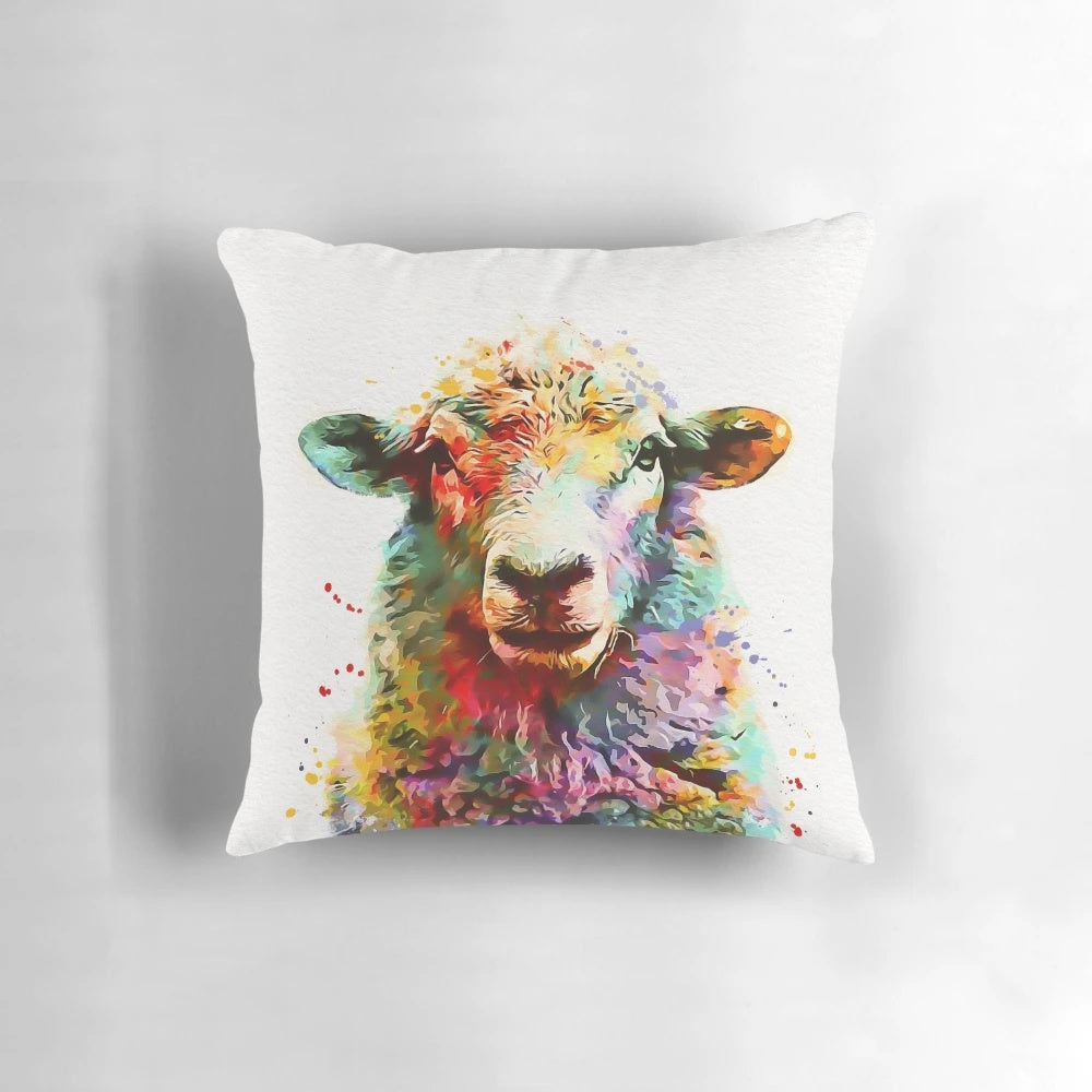 Soft, colorful watercolor painting of a sheep on a decorative throw pillow