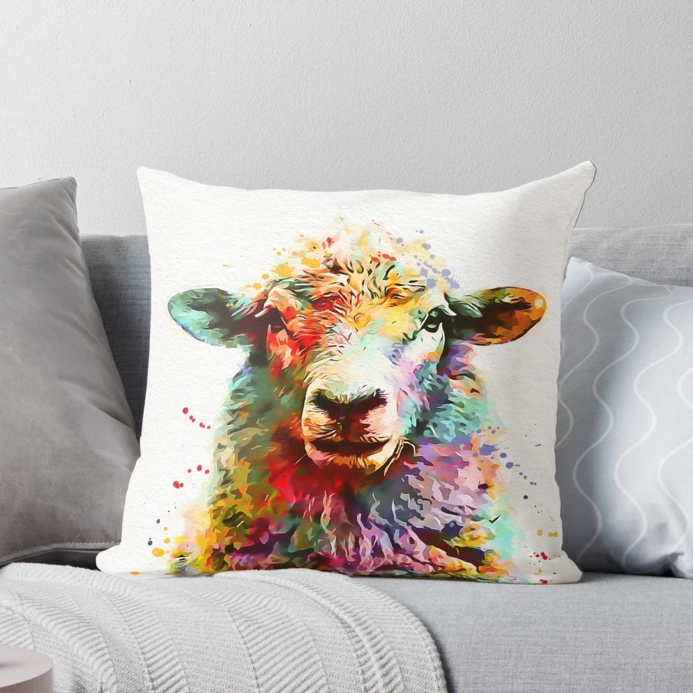 Soft, colorful watercolor painting of a sheep on a decorative throw pillow