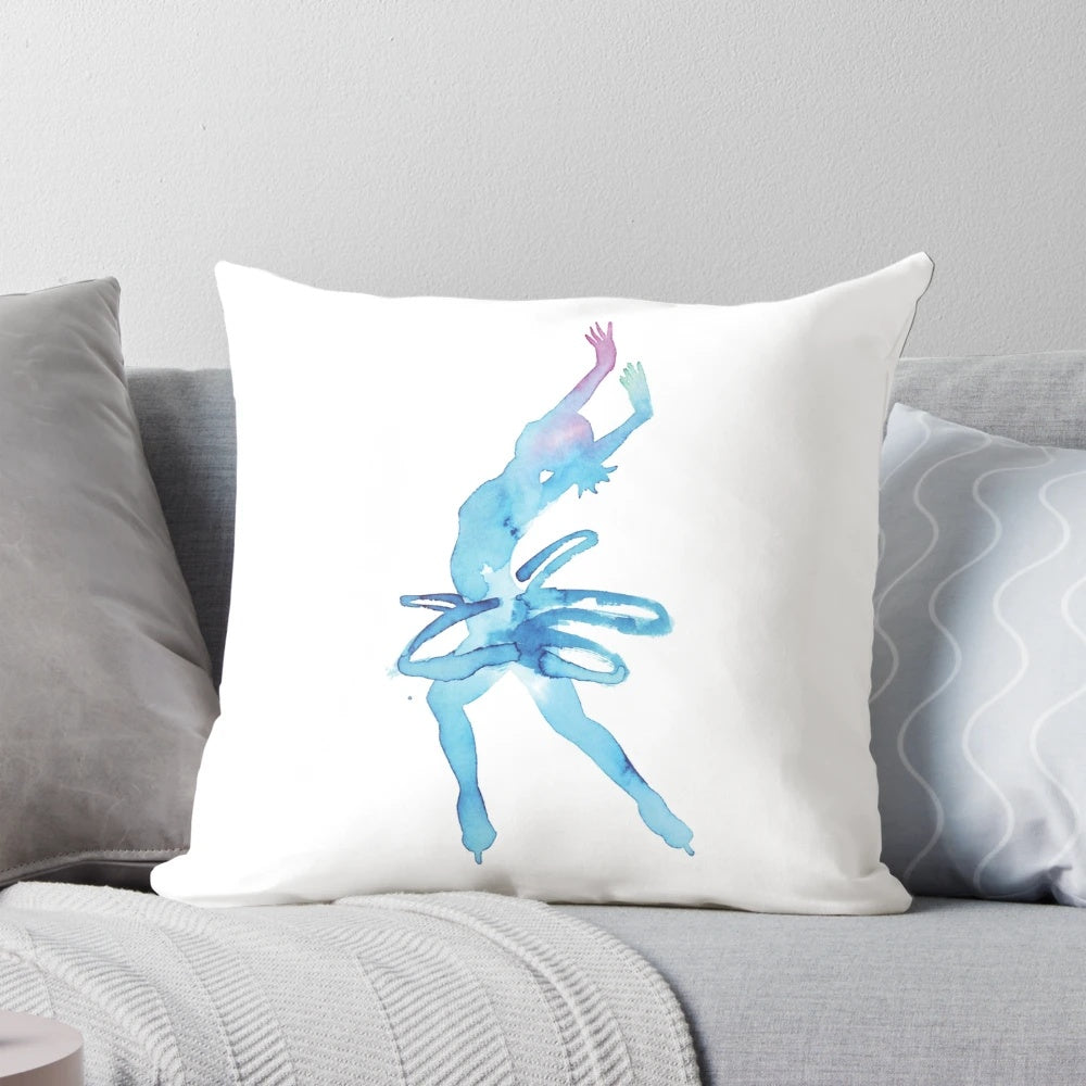 Watercolor silhouette of figure skater performing ice dancing on a decorative pillow