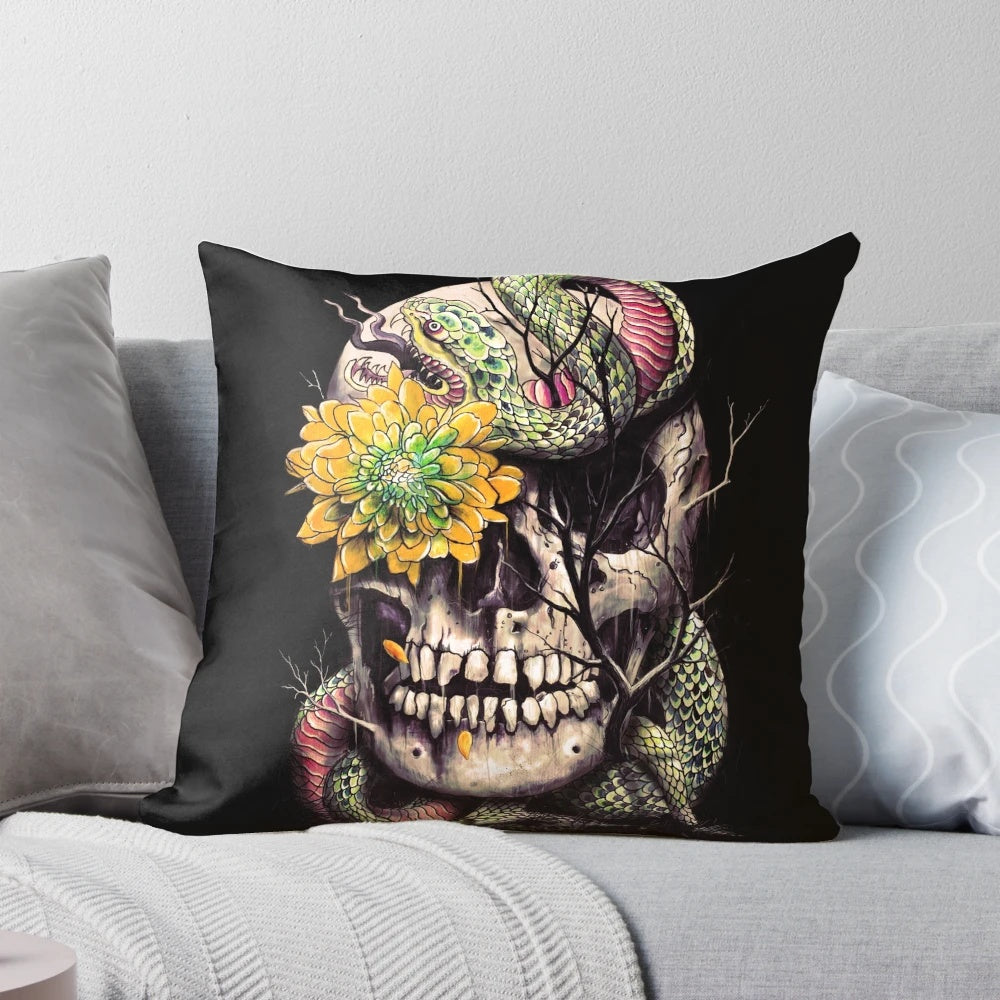 Vibrant watercolor painting of a snake intertwined with a human skull on a soft, cozy pillow for spooky, nature-inspired home decor.