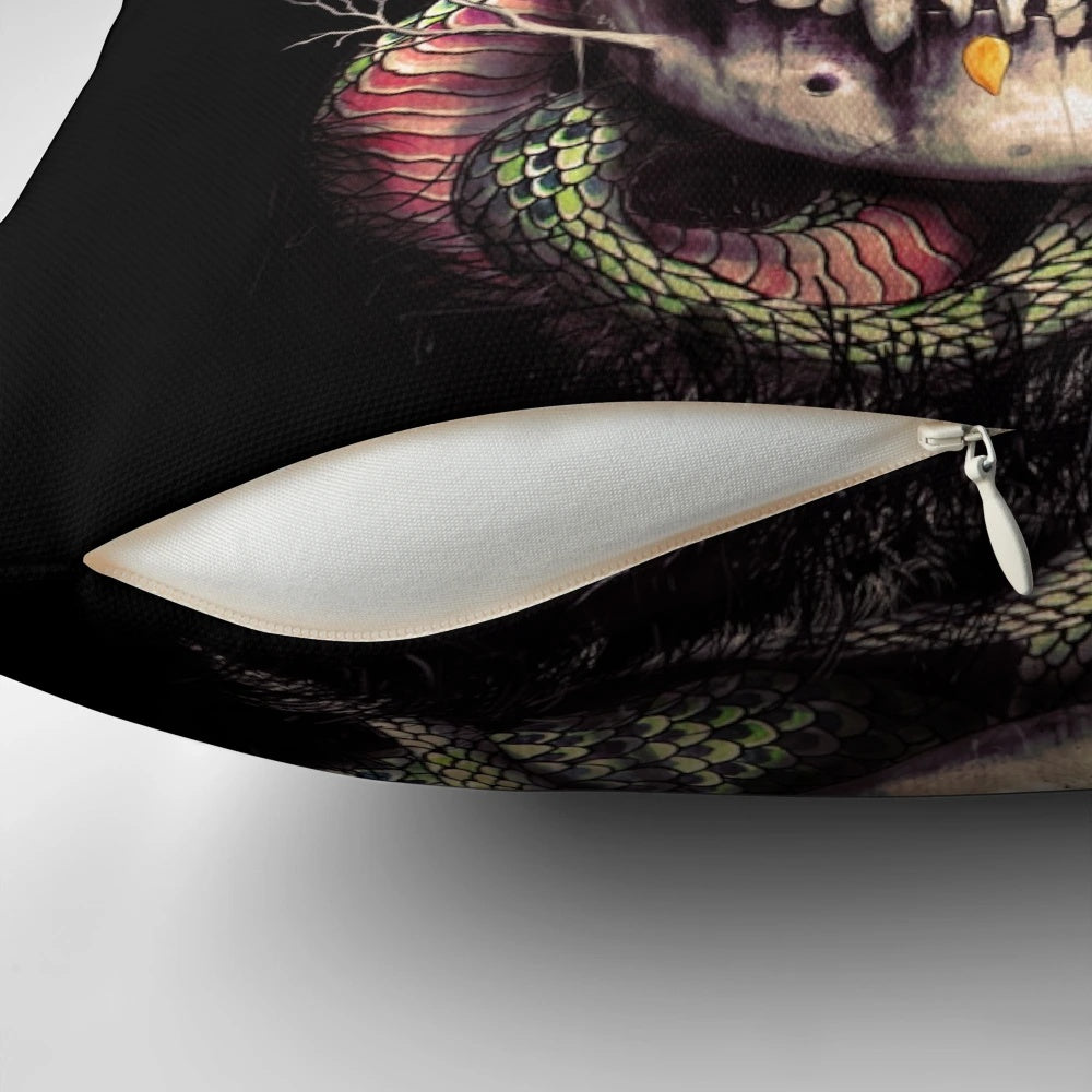 Vibrant watercolor painting of a snake intertwined with a human skull on a soft, cozy pillow for spooky, nature-inspired home decor.
