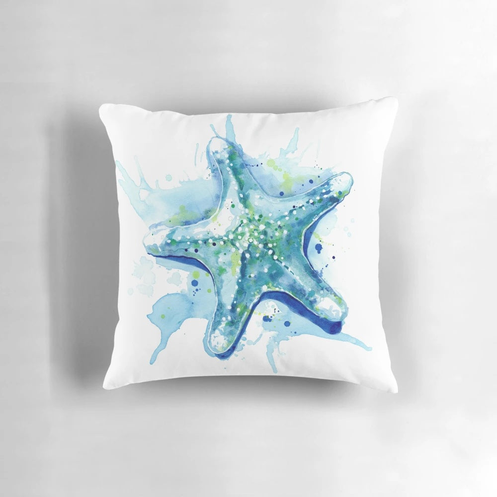 Watercolor starfish pillow for coastal bathroom and nursery decor