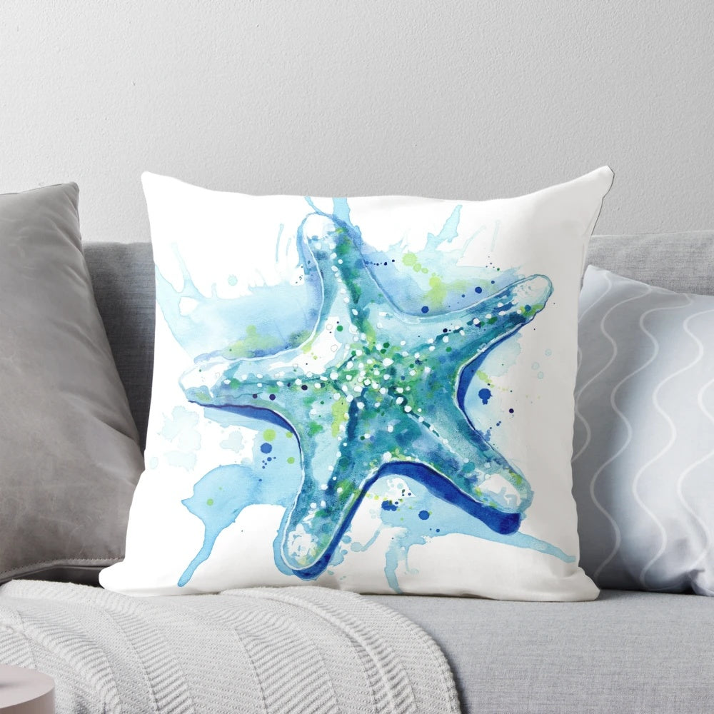Watercolor starfish pillow for coastal bathroom and nursery decor
