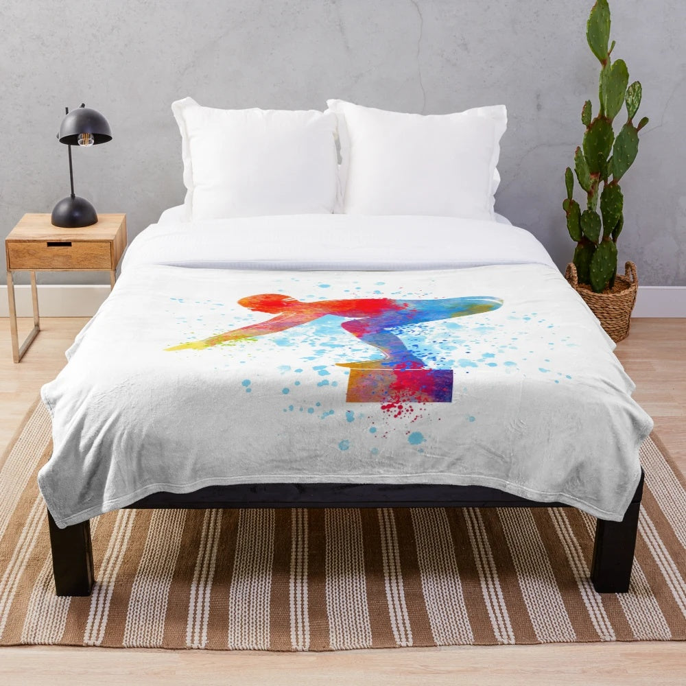 Watercolor swim art design plush blanket with swimmer silhouette