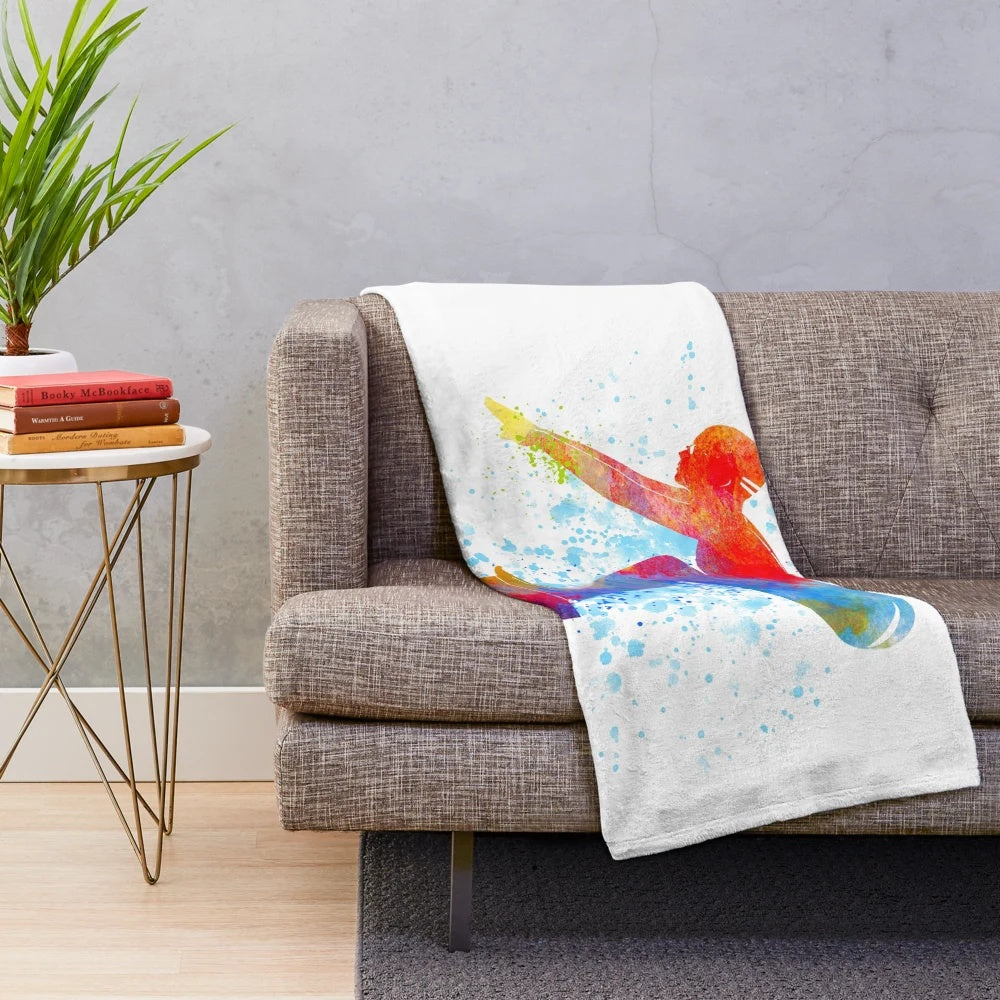 Watercolor swim art design plush blanket with swimmer silhouette