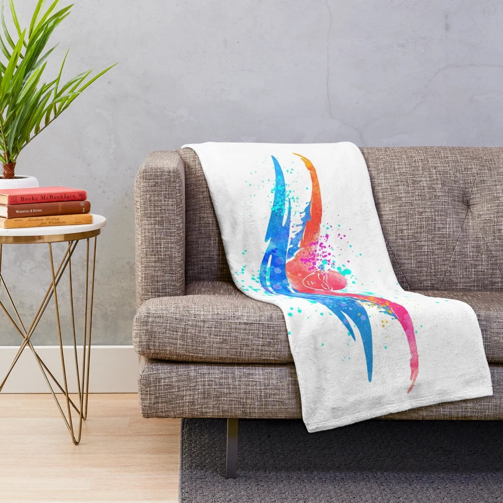 Watercolor swimmer plush blanket with swimming silhouette artwork