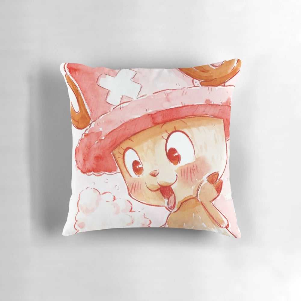 Vibrant watercolor illustration of the character Tony Chopper from the anime One Piece, printed on a cozy cotton pillow cover.