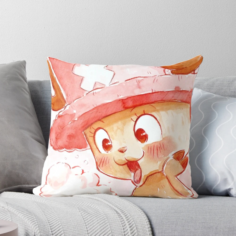 Vibrant watercolor illustration of the character Tony Chopper from the anime One Piece, printed on a cozy cotton pillow cover.