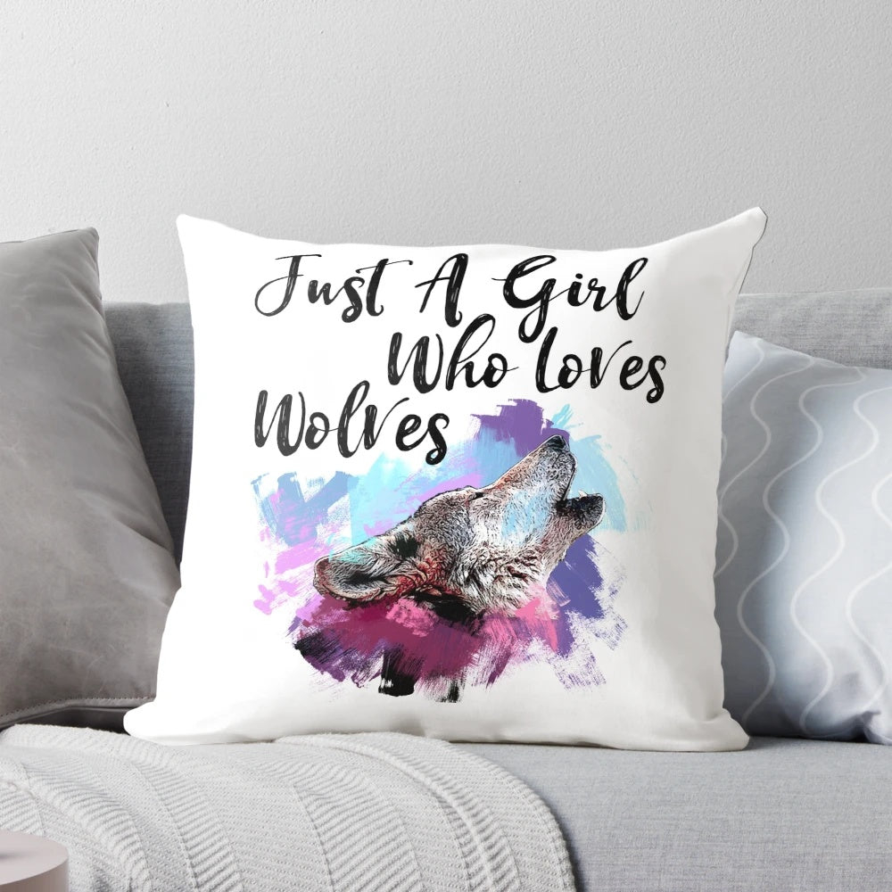 Watercolor painting of a howling wolf on a decorative throw pillow