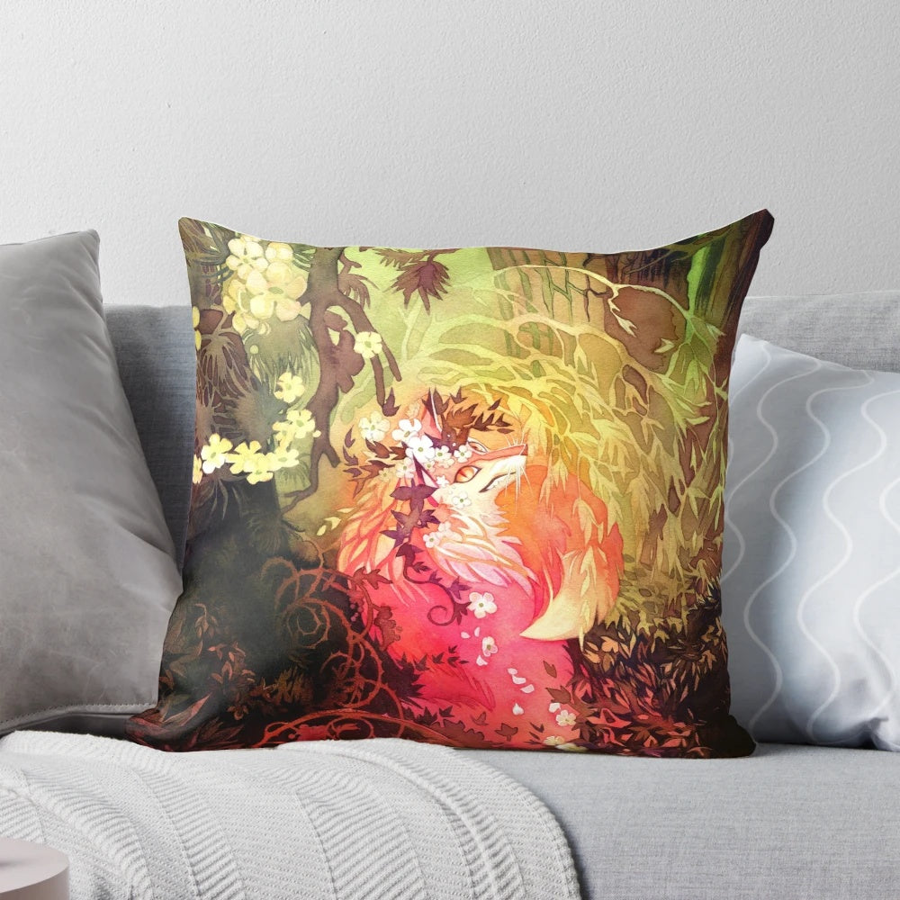 Illustration of a wood fox in a watercolor style, surrounded by pink and magenta flowers, pine trees, and a floral background.