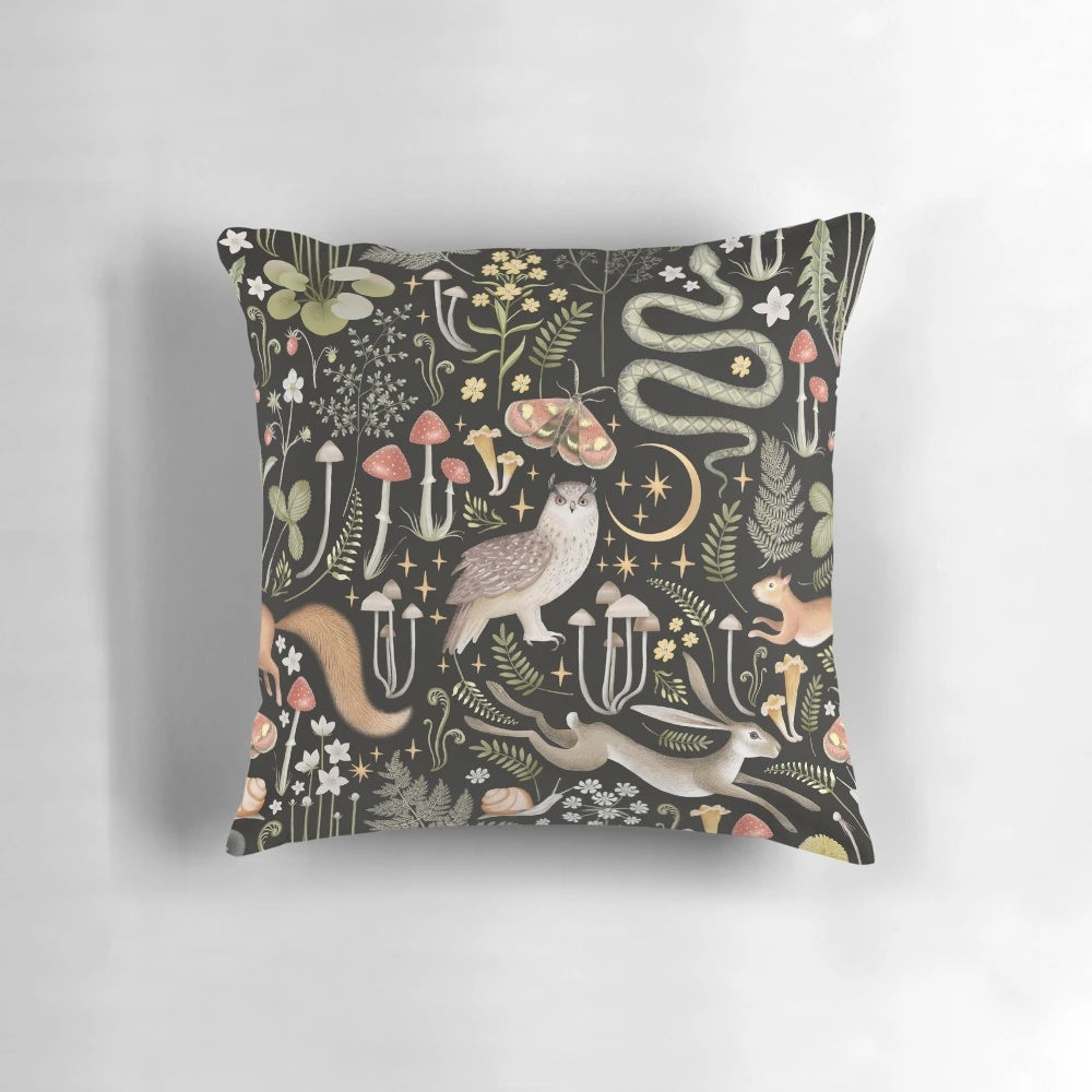 Watercolor painting of a whimsical woodland scene featuring a cute squirrel on a decorative throw pillow