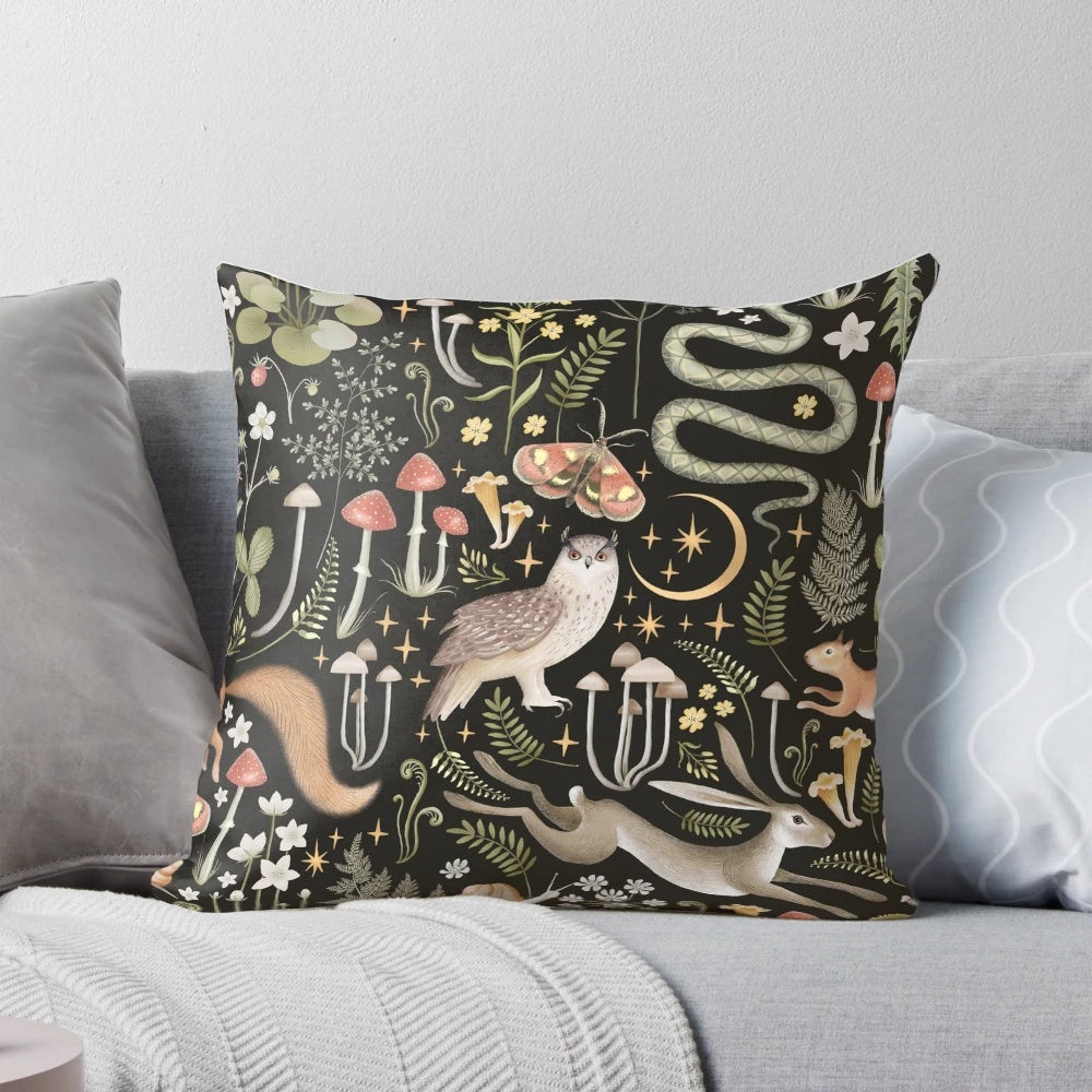 Watercolor painting of a whimsical woodland scene featuring a cute squirrel on a decorative throw pillow