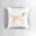 A watercolor illustration of a yellow Labrador retriever dog in silhouette on a decorative throw pillow.