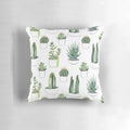 Vibrant watercolor illustration of cacti and succulent plants on a soft, plush pillow.