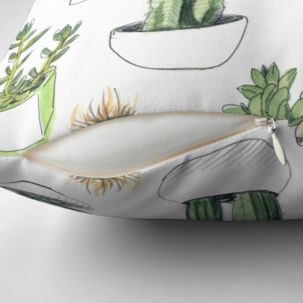 Vibrant watercolor illustration of cacti and succulent plants on a soft, plush pillow.