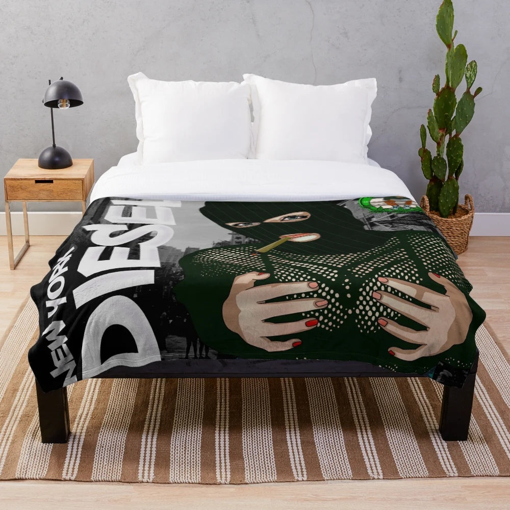New York Diesel cannabis strain inspired plush blanket with bold marijuana leaf graphic