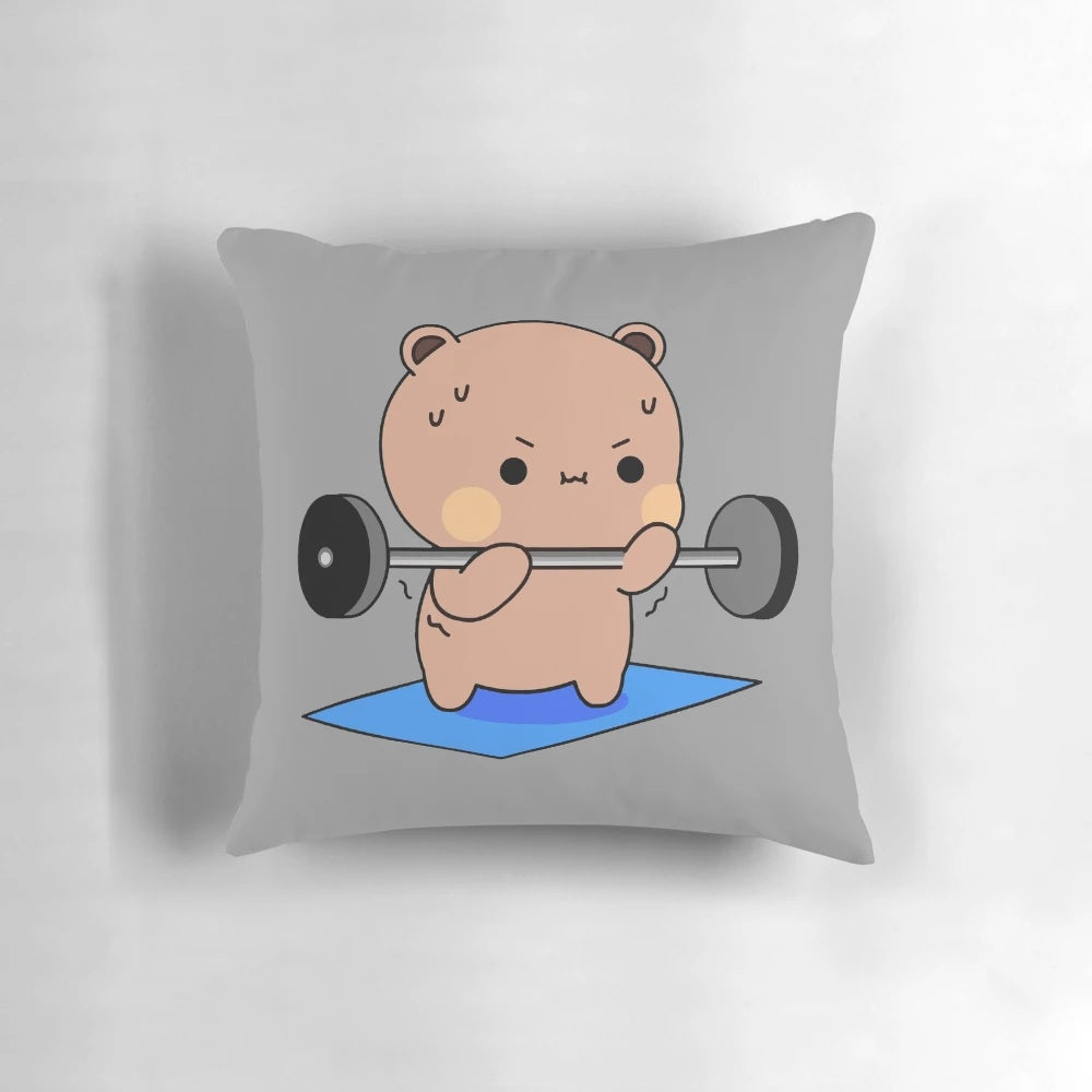 Soft, cuddly pillow featuring the athletic cartoon character Dudu the Brownie Bear
