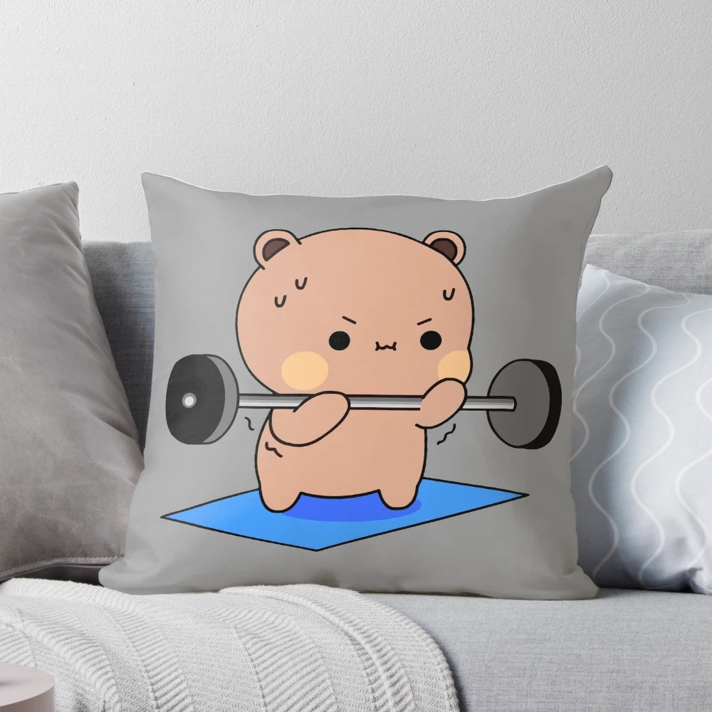 Soft, cuddly pillow featuring the athletic cartoon character Dudu the Brownie Bear