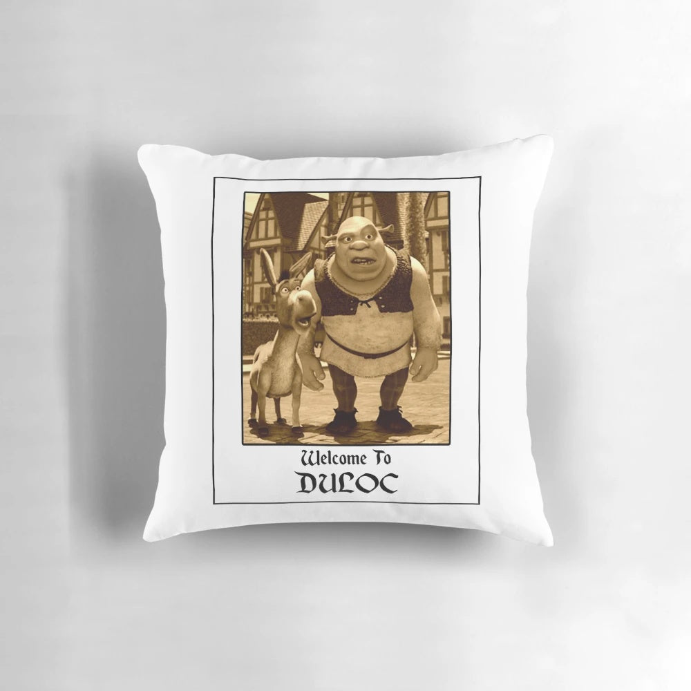 Shrek-themed pillow featuring the "Welcome to Duloc" scene from Shrek 1