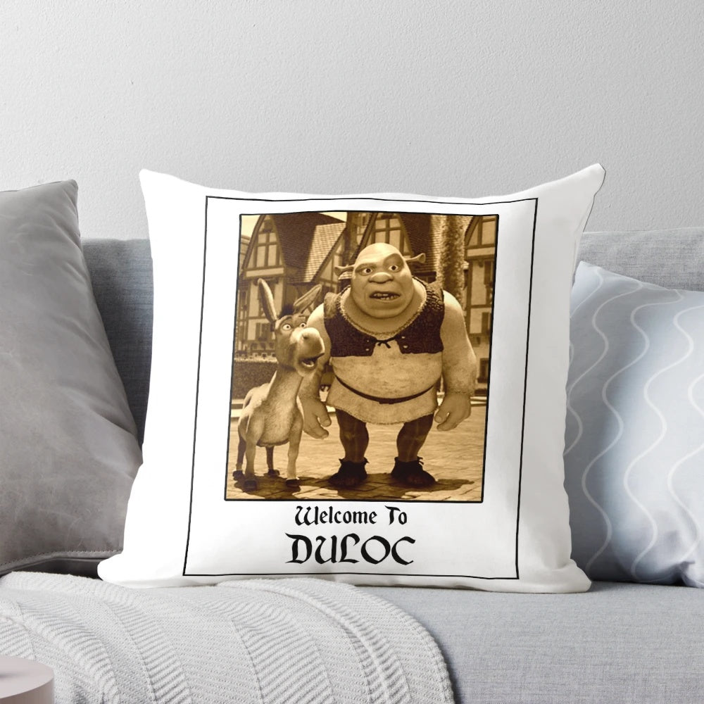 Shrek-themed pillow featuring the "Welcome to Duloc" scene from Shrek 1