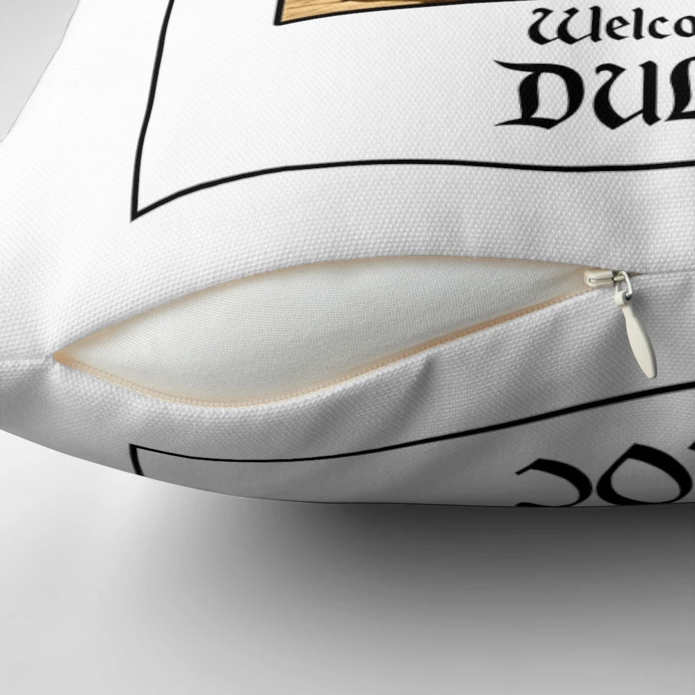Shrek-themed pillow featuring the "Welcome to Duloc" scene from Shrek 1